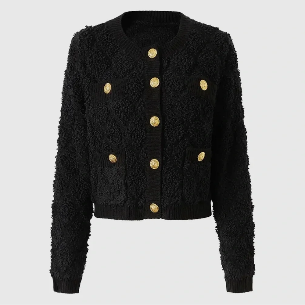 SWEATERS- Black Boucle Cardigan Sweater With Gold Buttons - Picture 2 of 8